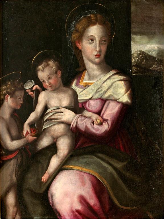 Giovanni Battista Ramenghi (Il Bagnacavallo) Hans efterföljd., Madonnan med barnet och Johannes döparen.