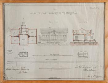 ARKITEKTRITNING, blandteknik, kopia, efter original daterad 1879, ritad af Jac. Ahrenberg 1892.