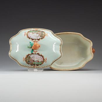 A famille rose 'European Subject' tureen with cover and stand, Qing dynasty, Qianlong (1736-95).