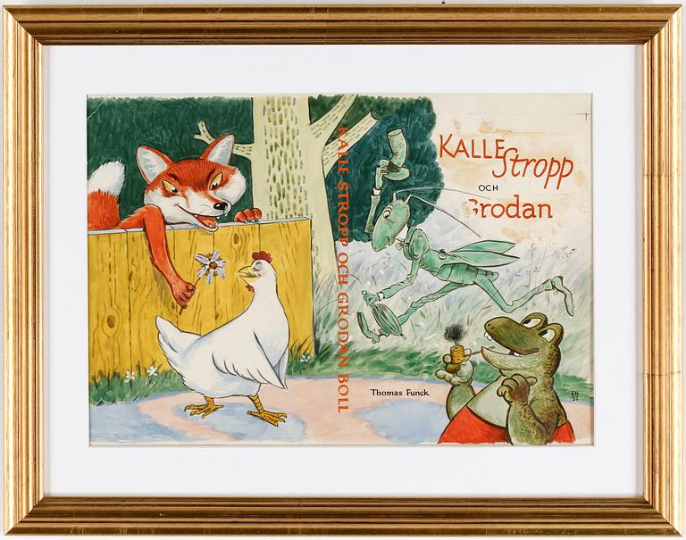 EINAR NORELIUS, tusch och akvarell, "Kalle Stropp och Grodan Boll" monogramsignerad EN och daterad 55.