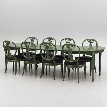 A Gustavian dining table with 8 chairs, Åmells, second half of the 20th century.