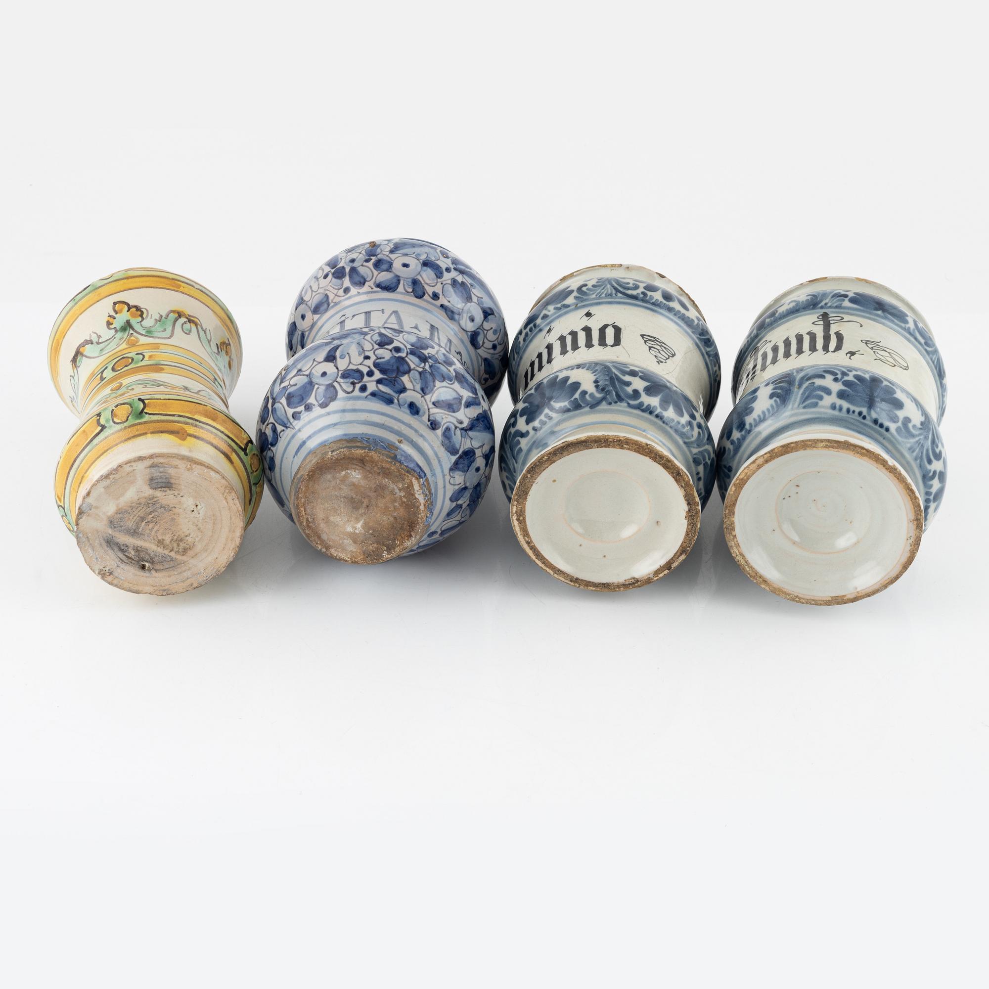 Seven earthenware apothcahry jars, southern Europe, 18th/19th century.