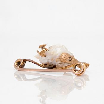 A baroque natural pearl brooch with rubies in the shape of a bird. Ca 1860's.