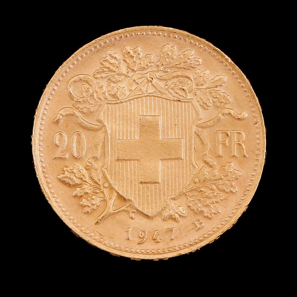 GULDMYNT, 20 fr, Schweiz, 1947. Vikt ca 6 g.