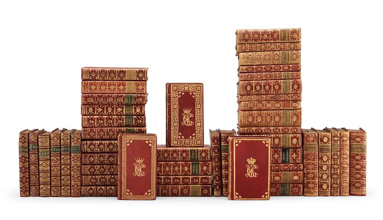 ROYAL BINDINGS, red morocco, 46 calenders 1783-1817, 43 with (duchess)  queen Hedvig Elisabeth Charlottas monogram.