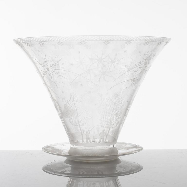 Edward Hald, an engraved glass "Fyrverkeriskål" with plate (fireworks bowl), Orrefors Sweden 1968,.