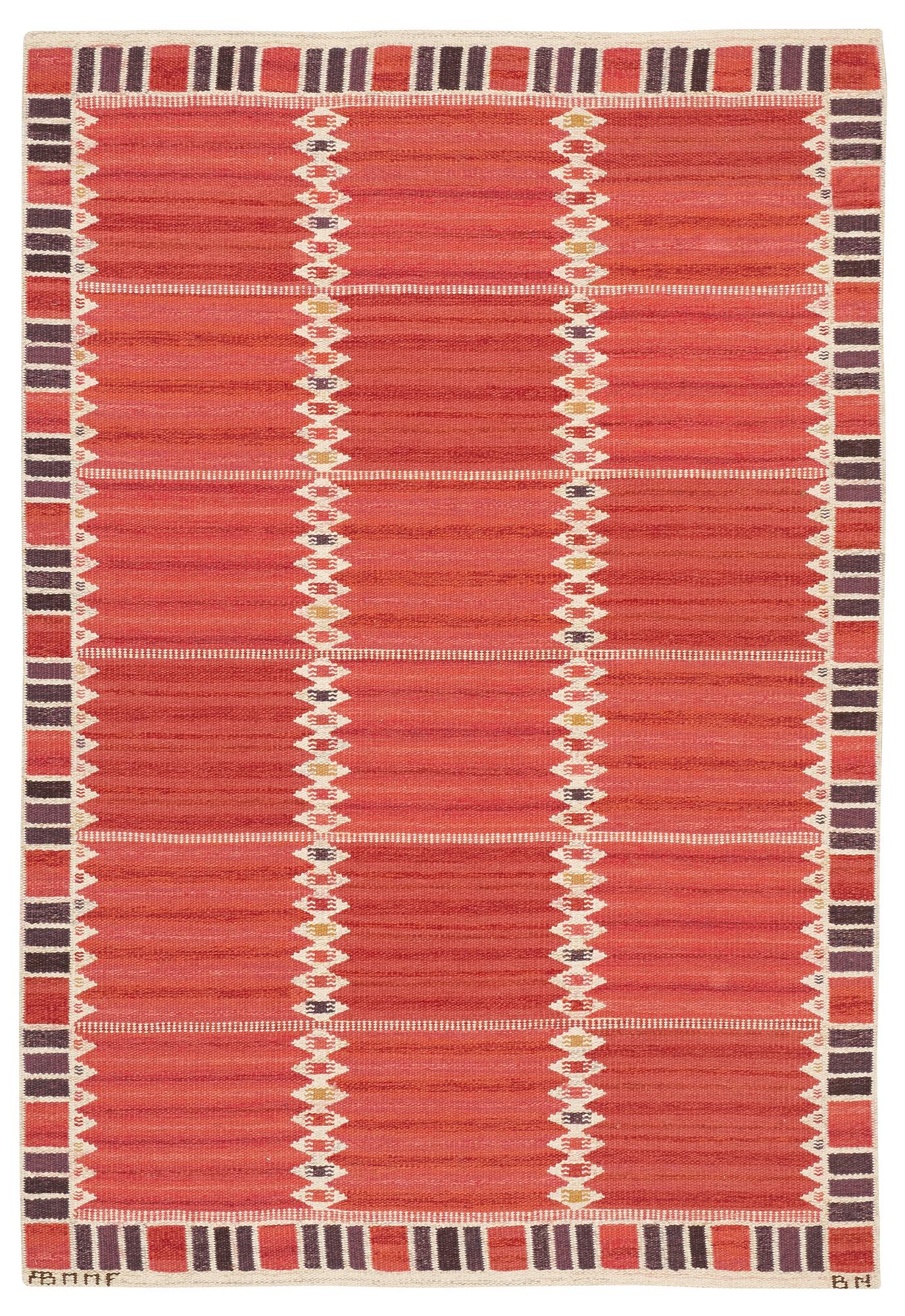 Barbro Nilsson, A CARPET, "Salerno kallröd med enkel bård", flat weave, ca 217 x 149,5 cm, signed AB MMF BN.