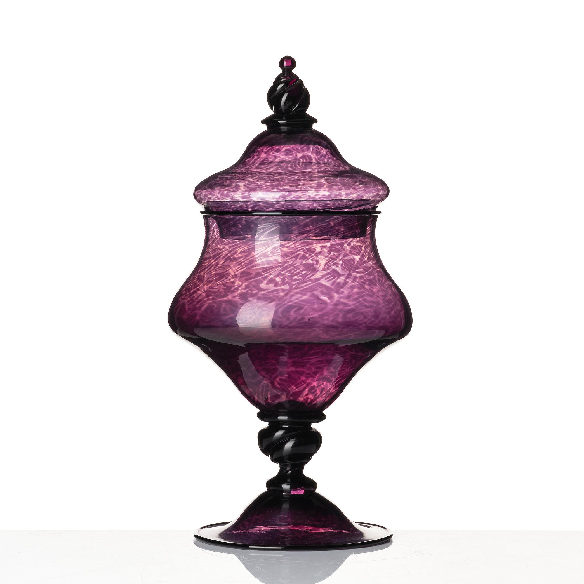 Simon Gate, a large purple lidded goblet 'Graal', Orrefors Sweden 1921.