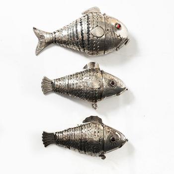 A set of three silver table decorations/boxes, 19th Century.