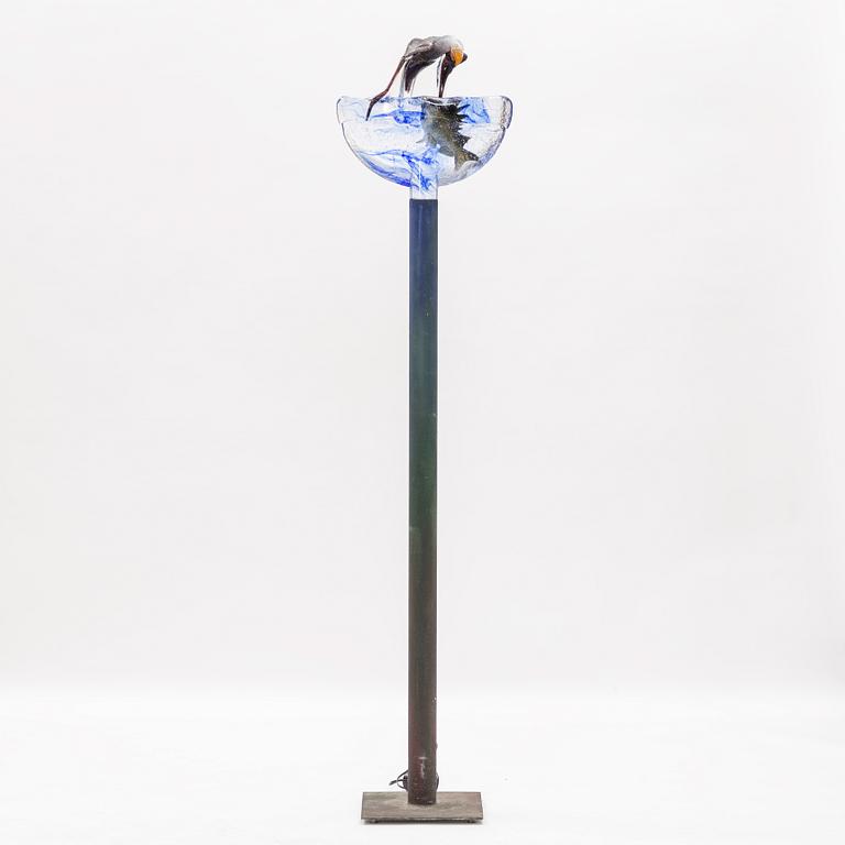 Kjell Engman, glass sculpture, seagull and fish in waves, Kosta Boda.