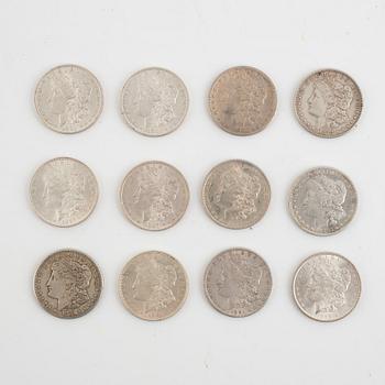 Twelve silver coins, 1 dollar, USA, 1878-1921.