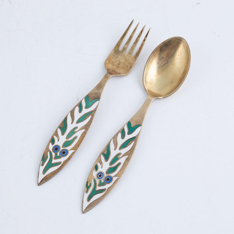 Anton Michelsen, Christmas cutlery, 13 pieces, gilded sterling silver and enamel, Denmark.