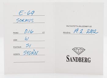 Sormus, 14K kultaa ja sydänmuotoinen timantti n. 0.16 ct. Sandberg.