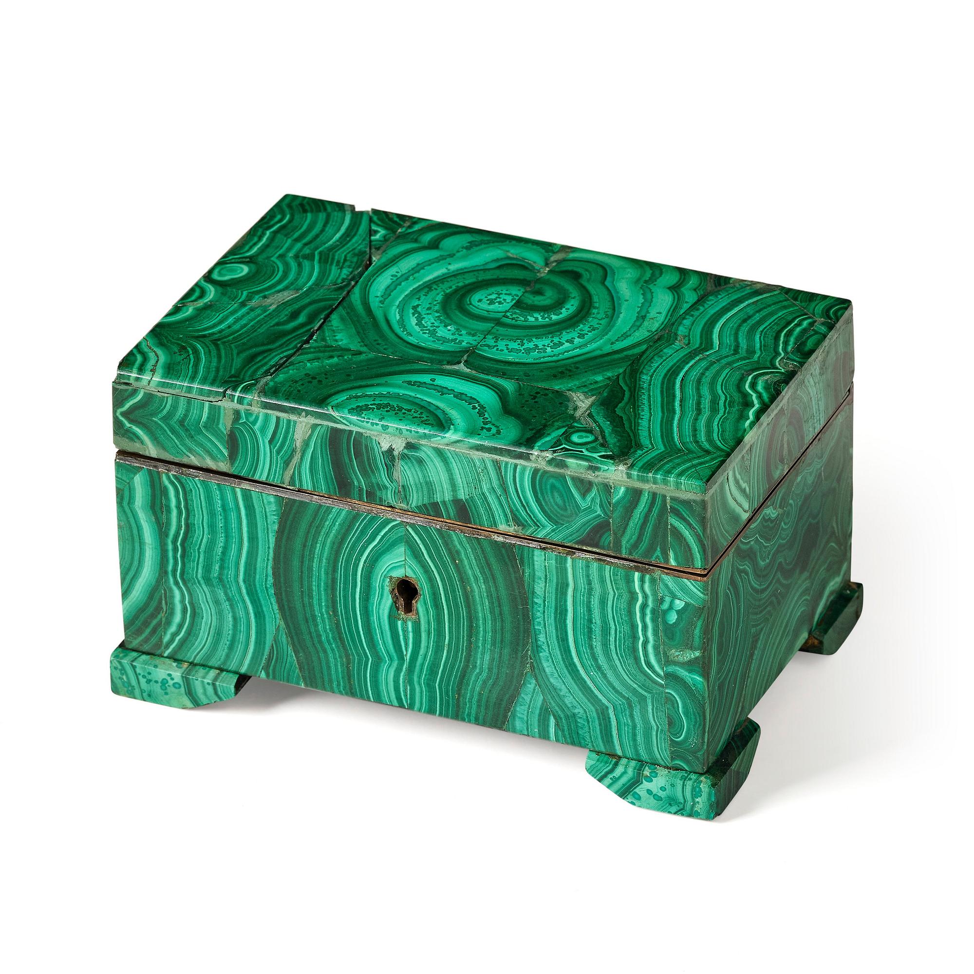 A Russian malachite-veneered box from Yekaterineburg Imperial Lapidary, circa 1900.