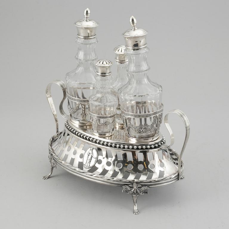 A swedish late gustavian silver cruet stand, mark of Mikael Nyberg, Sweden 1796.