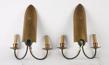 VÄGGLAMPETTER, ett par, mässing, art deco, 1900-talets första hälft.