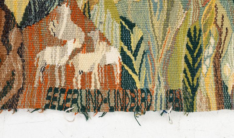 Inger Segerlind-Lindblad, vävnad, gobelängteknik, ca 97 x 70 cm, signerad o daterad 1961.