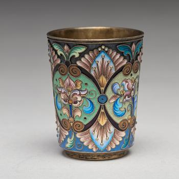 A Russian early 20th century silver-gilt and enamel beaker, mark of the 6th Artel, Moscow 1908-1917.