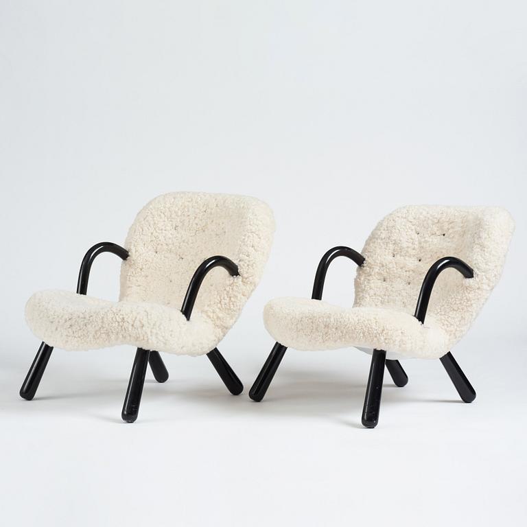 Arnold Madsen, Clam chairs/ Muslinge fåtöljer, ett par, sannolikt Madsen & Schubell, Danmark, 1940-50-tal.