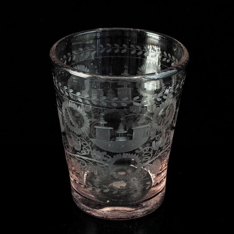 A cut and engraved glass beaker, 18th Century.