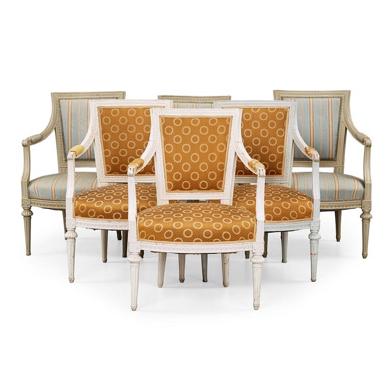 Six matched Gustavian late 18th century armchairs.