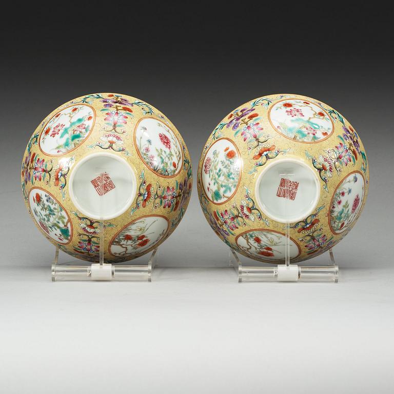 A pair of famille rose bowls, China, 20th Century with Daoguang seal mark in red.