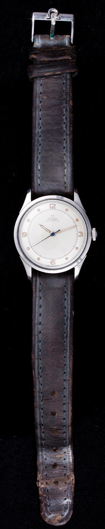 ARMBANDSUR, Omega Automatic, stål, läderarmband. 1900-talets mitt.