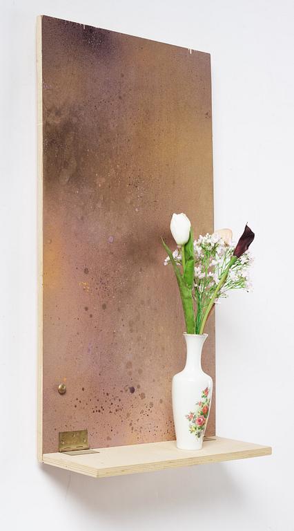 Fredrik Vaerslev, mixed media on panel, hinges, porcelin vase, plastic flowers.