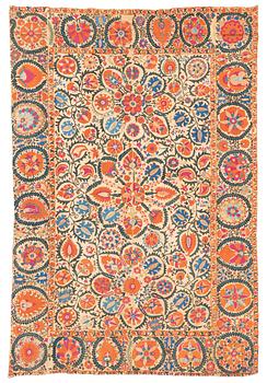 334. Antikt Suzani broderi, möjligen Bukhara, Uzbekistan, ca 241 x 164 cm.