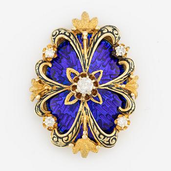 Brooch/clasp in gold with blue enamel and brilliant-cut diamonds.