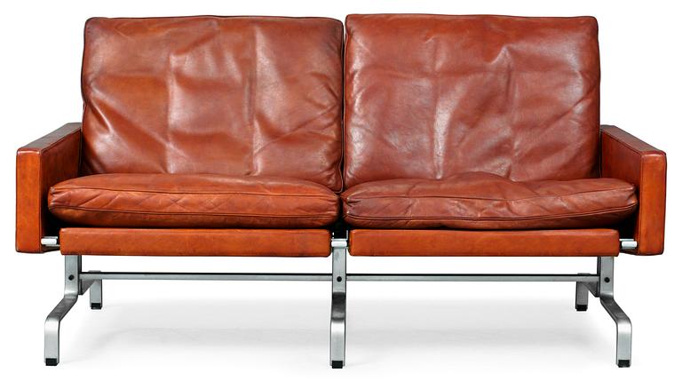 A Poul Kjaerholm " PK-31-2" brown leather sofa, E Kold Christensen, Denmark 1960's, maker's  mark in the steel.