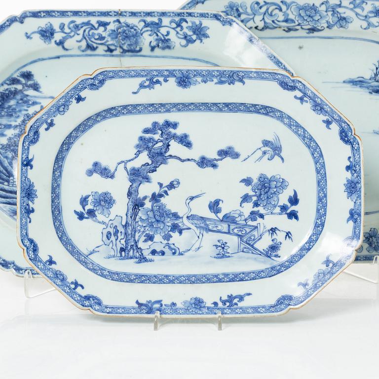 A group of three Chinese blue and white porcelain serving dishes and five dessert plates, Qing dynasty, Qianlong(1736-95.
