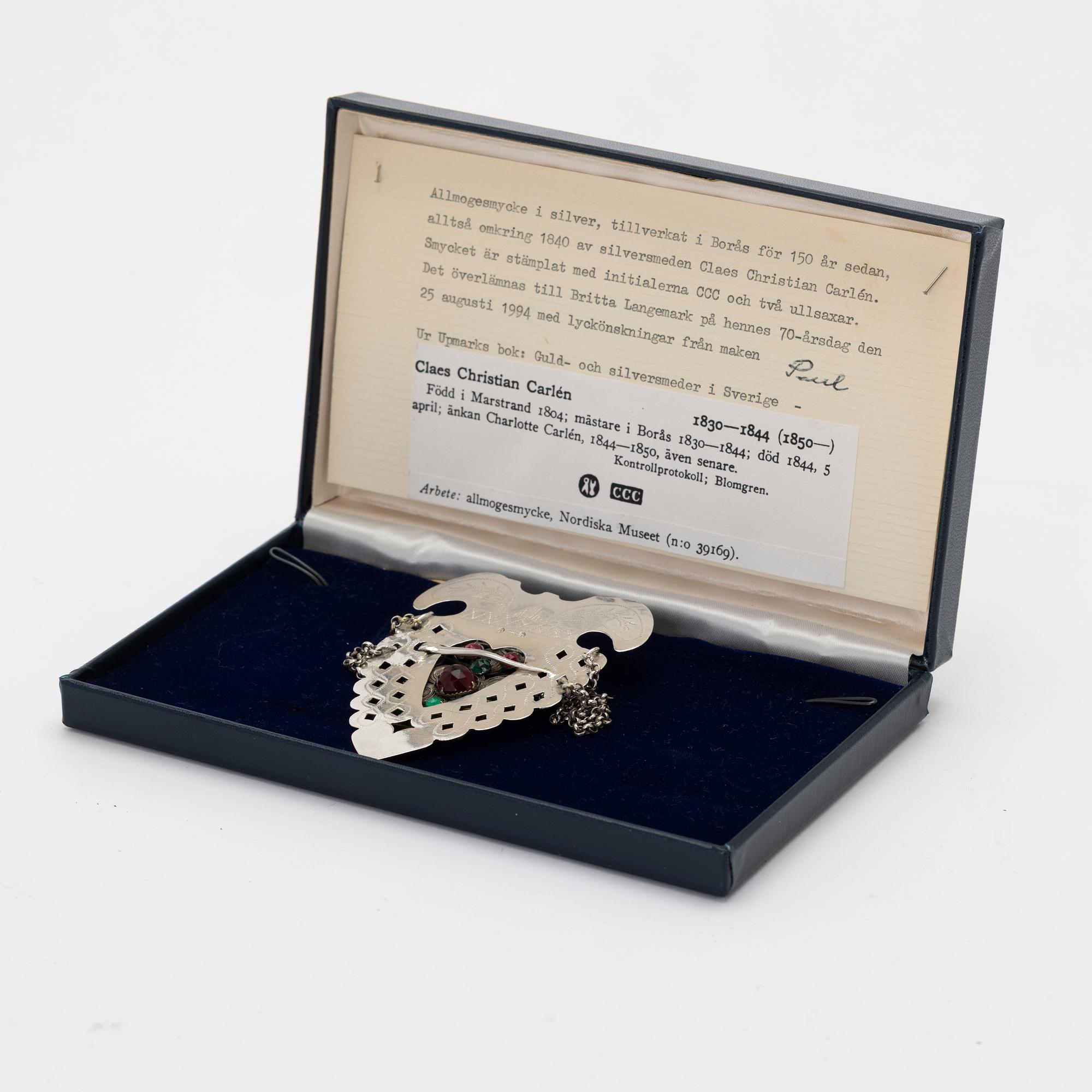 Costume jewellery, silver, Claes Christian Carlén (1830–44), Borås.