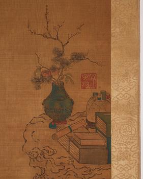 A Chinese scroll painting, ink and colour on silk laid on paper, late Qing dynasty/early 20th Century.