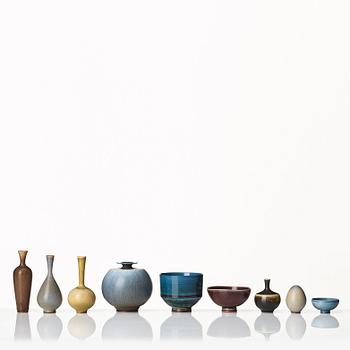 Berndt Friberg, a set of three stoneware miniature bowls and six vases,, Gustavsberg studio, Sweden 1950-60's.