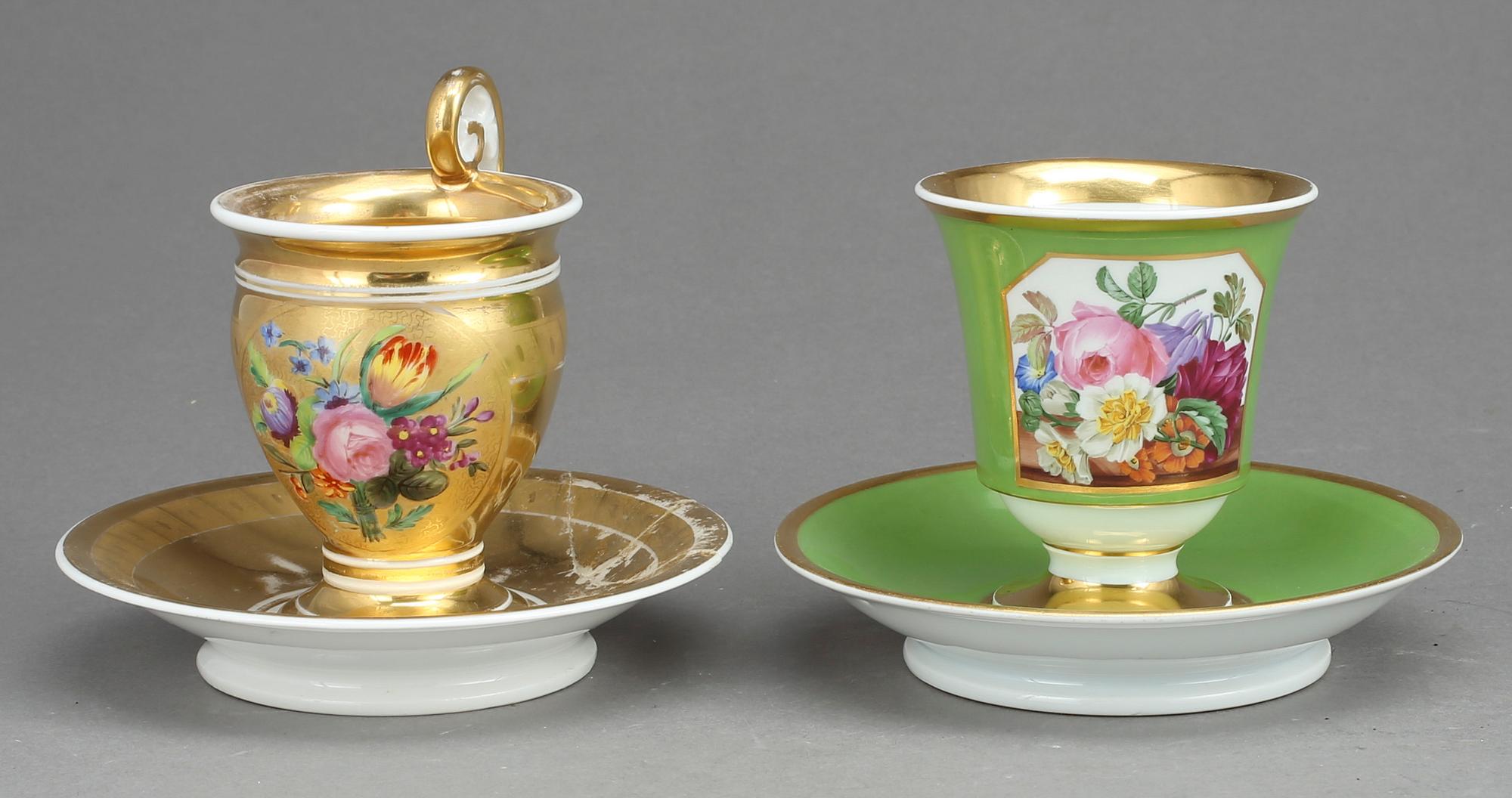 KOPPAR MED FAT,  2 st, porslin, empire/empiretyp, 1800-talets första hälft - 1900-talets första hälft.