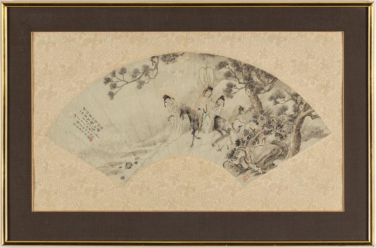 A Chinese fan painting, ink and colour on paper, Qing dynasty, late 19th century.