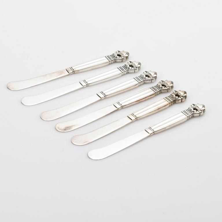 Johan Rohde, Butter knives, 6, sterling silver, “Konge” / “Acorn”, Georg Jensen, Denmark, after 1945.