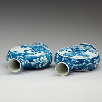 A set of two blue and white moon flask, Qing dynasty, 19th Century.