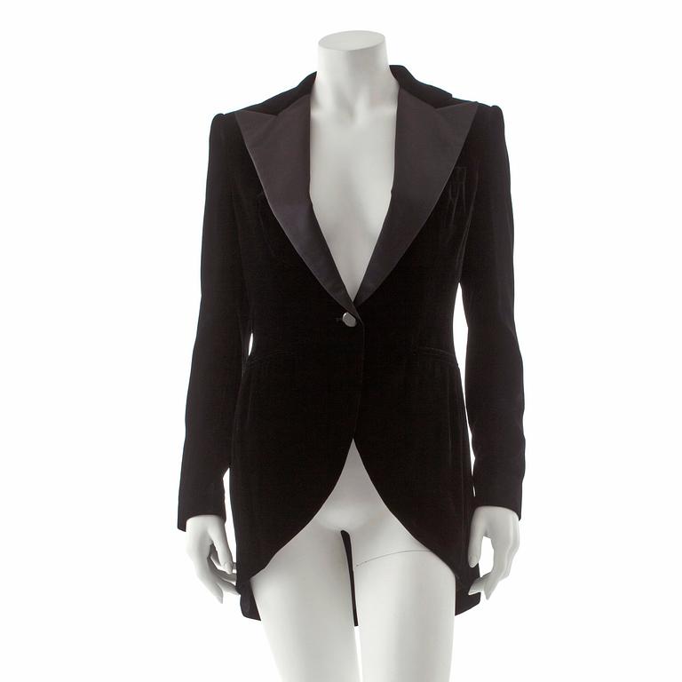 RALPH LAUREN, a black velvet tuxedo jacket.