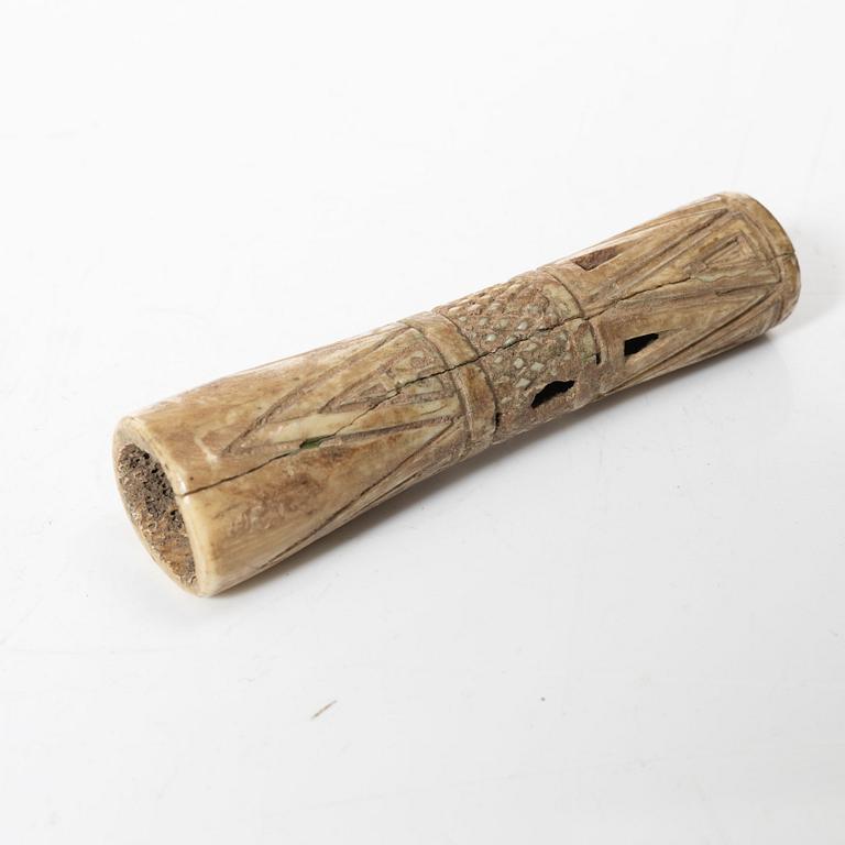 A Chinese green stone brush washer, a carved bone and a soapstone figure, partly Qing dynasty.