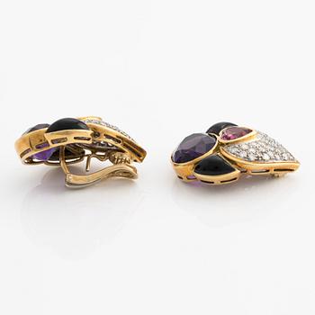 Earrings, likely Henri Martin, clip-ons, 18K gold with pink tourmaline, onyx, amethyst, and brilliant-cut diamonds.