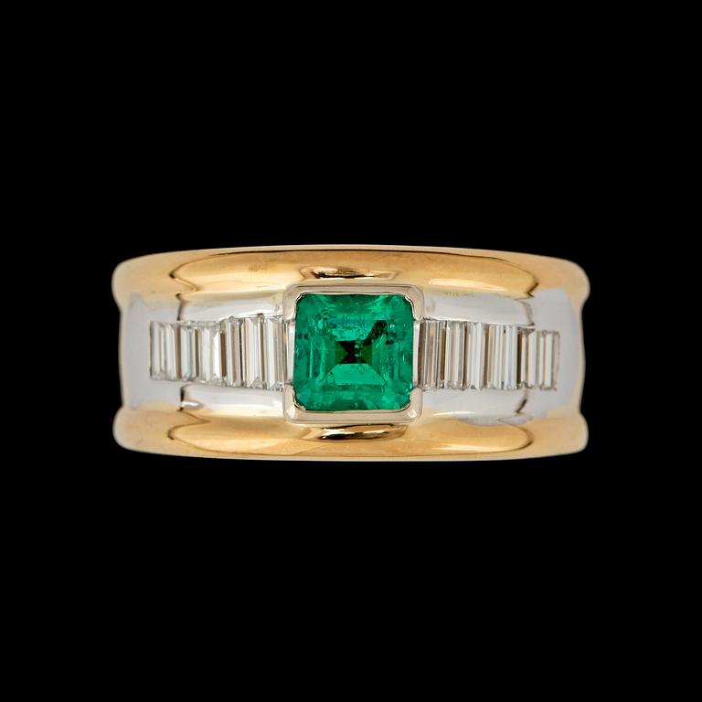 A step cut emerald, circa 0.80 ct and baguette cut diamond, circa 0.80 ct, ring.
