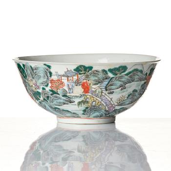 An enamelled landscape bowl, Republic with a Nian Zhi, Da Qing mark in red.