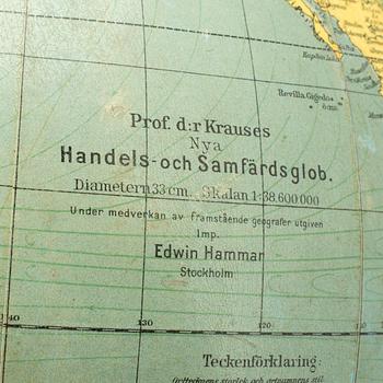 JORDGLOB, Columbus, Dr Krauses Handels- och Samfärdsglob, Edwin Hammar, Stockholm, 1900-talets första hälft.