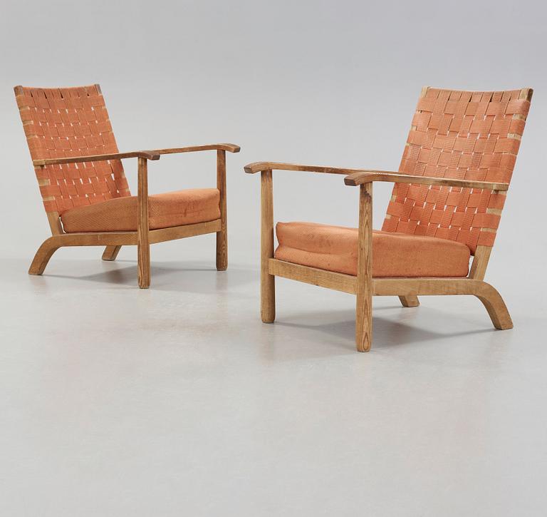 Axel Einar Hjorth, possibly, a pair of pine armchairs, Nordiska Kompaniet, Sweden 1930's-40's.