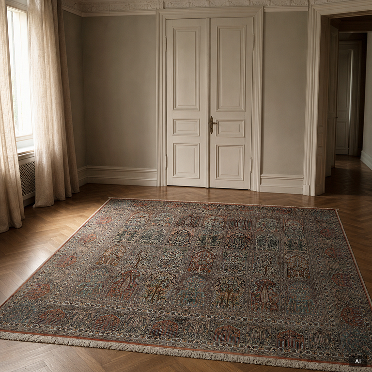 A Silk Kashmir carpet, 245 x 242 cm.