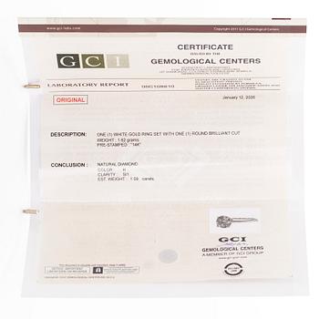 Sormus, briljanttihiottu timantti, 14K valkokulta.