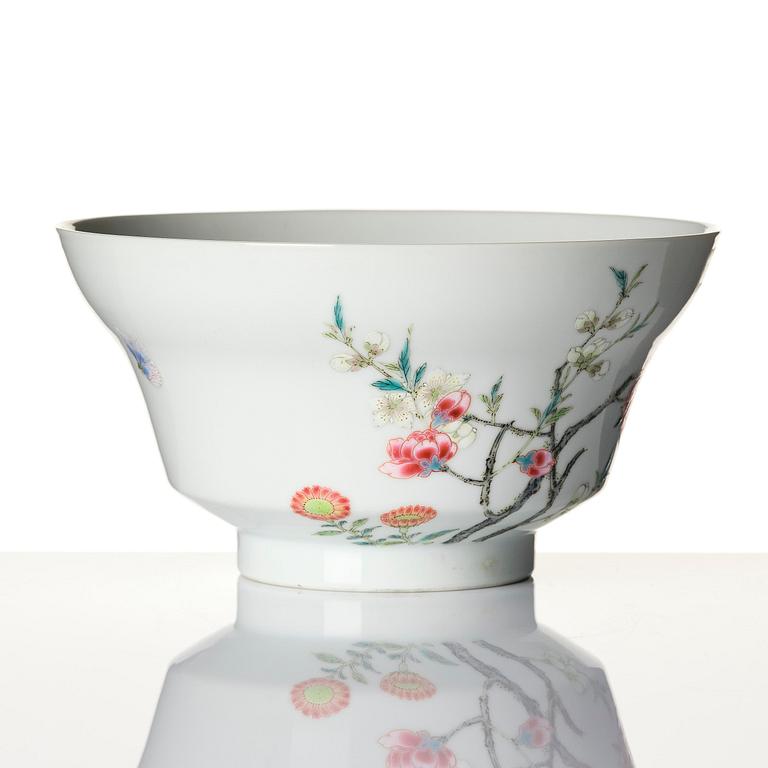 A fine famille rose ''prunus and magnolia' bowl, Qing dynasty.