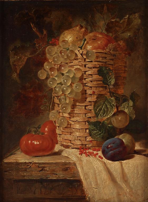 George Lance, Still life with pears, grapes, plums and tomatoes.